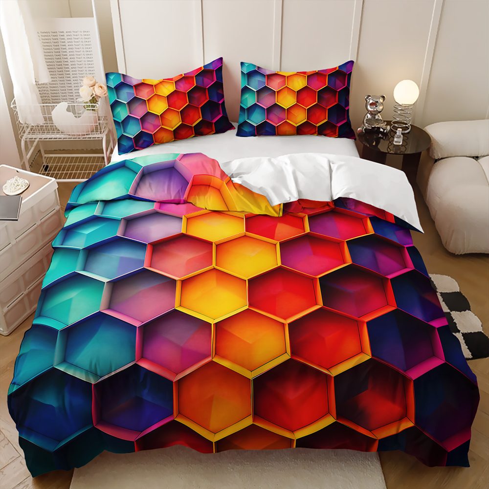 3D Rainbow Hexagon quilt cover set in Teal Orange