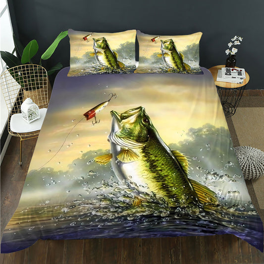 Sunrise bass fishing quilt cover set