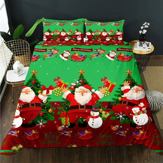 Green Christmas quilt cover set with Santa, presents, snowmen and reindeer sleigh border