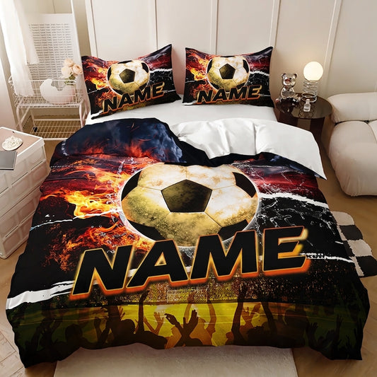 Custom flame soccer stadium quilt cover set with personalised name