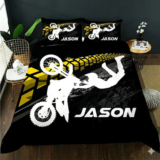 Personalized motocross quilt cover set with name Jason, bold black and yellow design for kids' bedroom