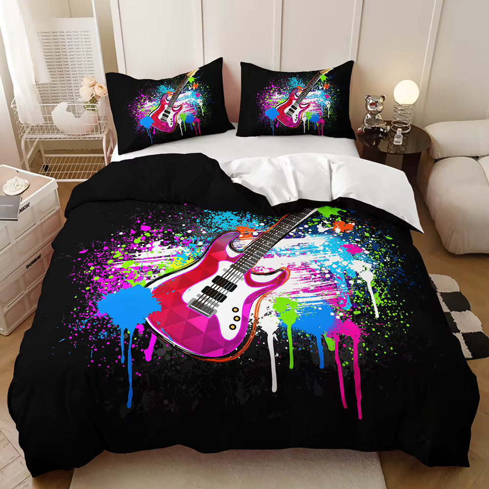 Electric guitar paint splatter quilt cover set