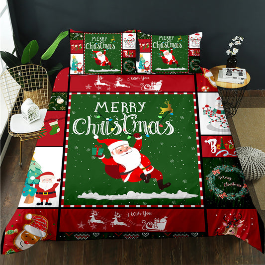 Red and green patchwork Santa Christmas quilt cover set with flying reindeer