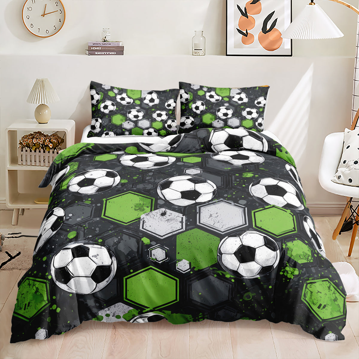 Green hexagon soccer bedding set