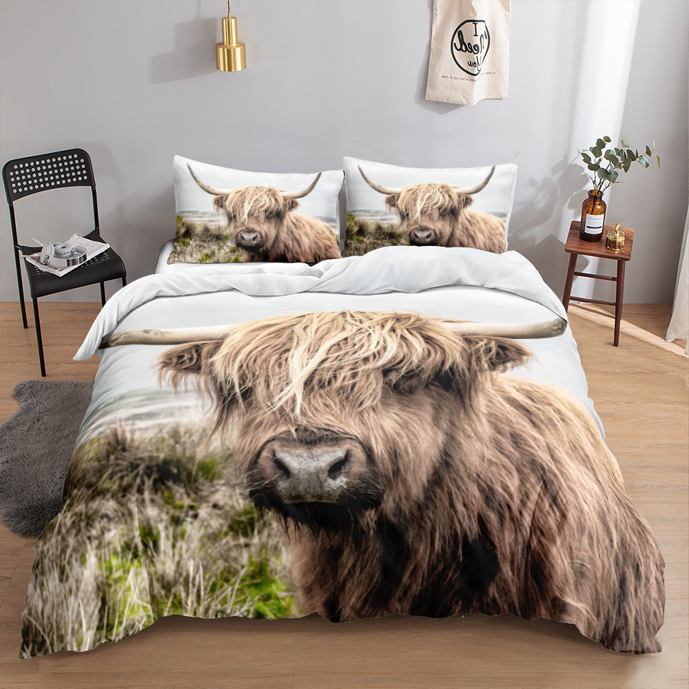 Highland cow quilt cover set with photo print of a shaggy Highland cow