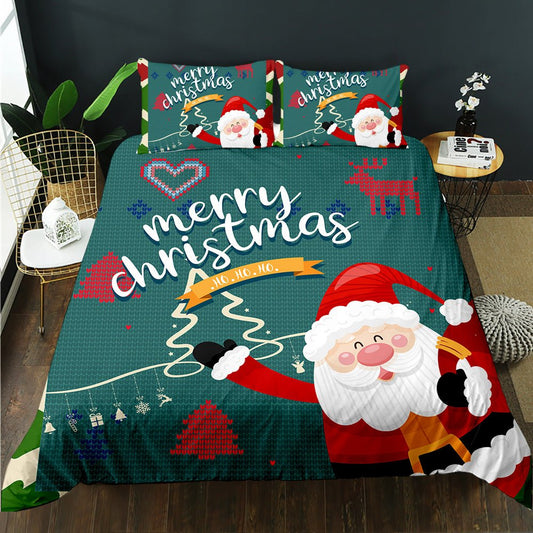 Jolly Santa Christmas quilt cover set with knit-style reindeer and festive typography