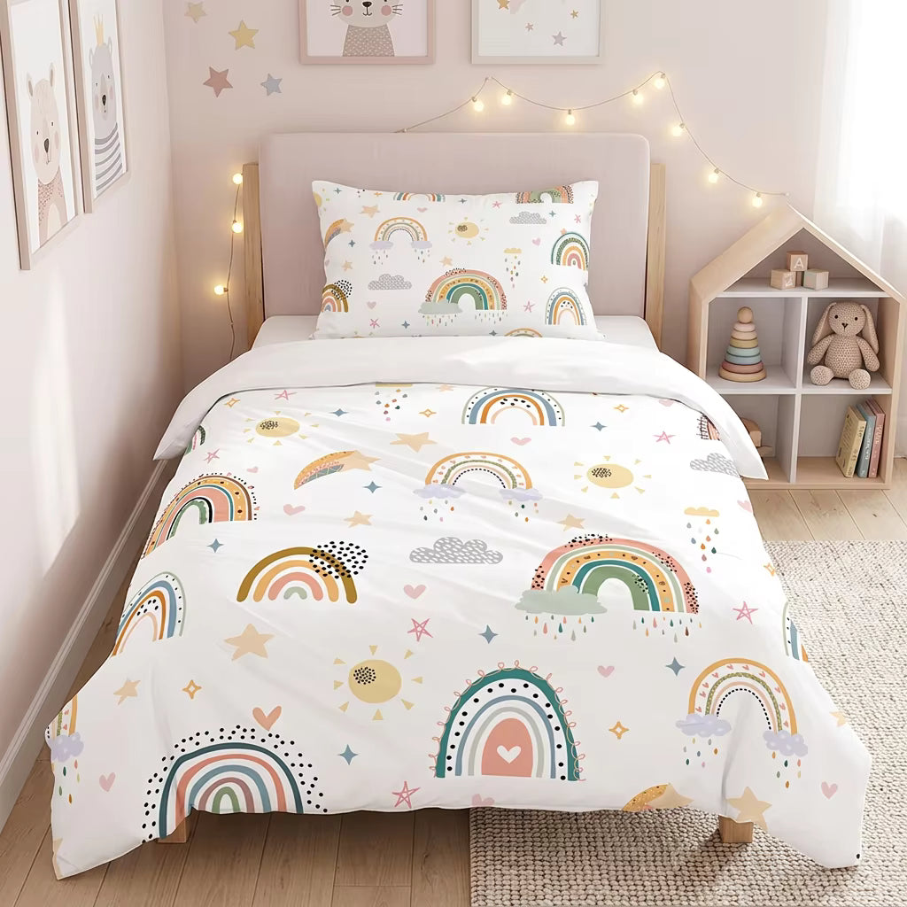 Kids earthy boho rainbow quilt cover set