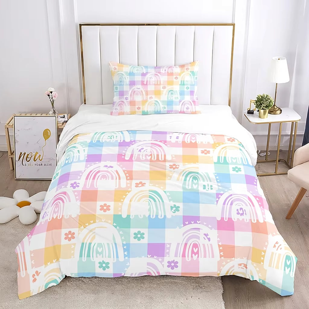 Kids pastel plaid rainbow quilt cover set