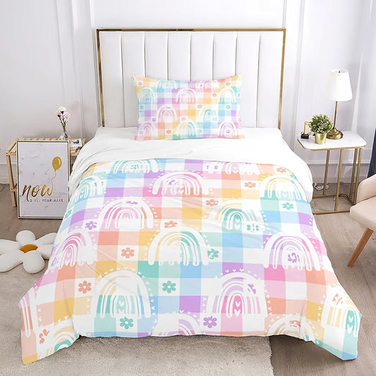 Kids pastel plaid rainbow quilt cover set