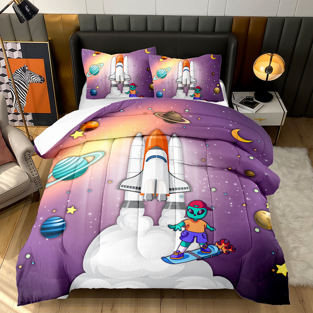 Space-themed bedding set with a child on a rocket ship in a bedroom setting.