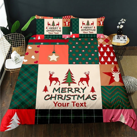 Custom Merry Christmas quilt cover set with festive patch pattern and personalised text