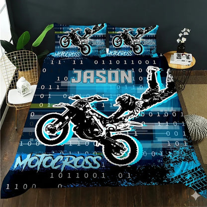 Personalized motocross quilt cover set with name Jason, blue binary code design, and dirt bike graphics