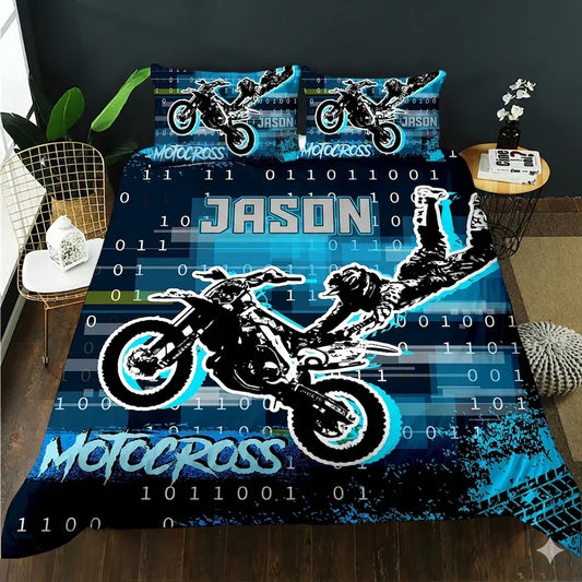 Personalized motocross quilt cover set with name Jason, blue binary code design, and dirt bike graphics