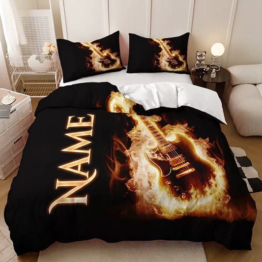Personalized Flaming Electric Guitar Quilt Cover Set - Doonara