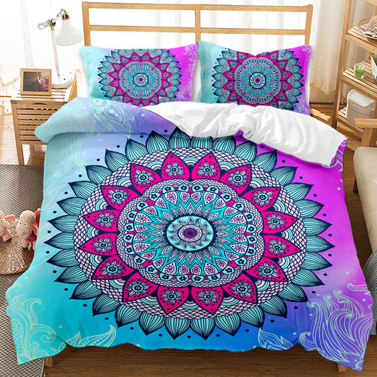 Mandala patterned bedding set on a bed in a bedroom setting