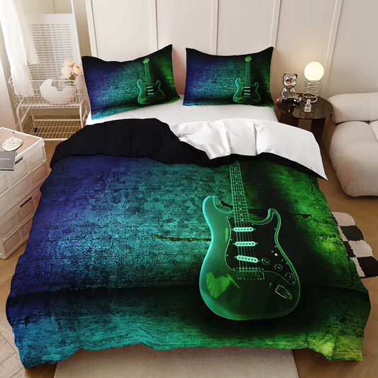 Neon green grunge guitar quilt cover set