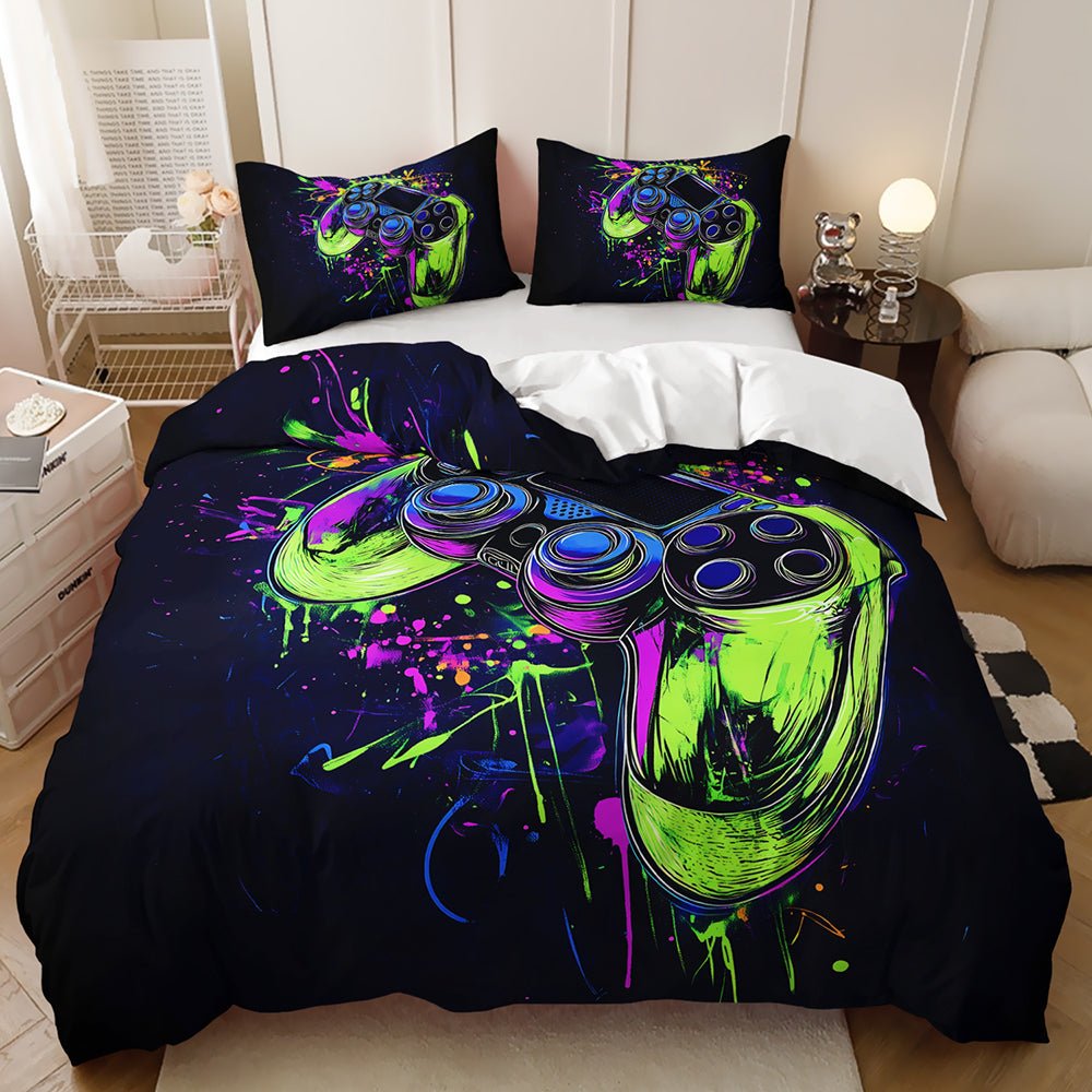 Neon Lime Splatter Gaming Controller Bedding Set - Doonara