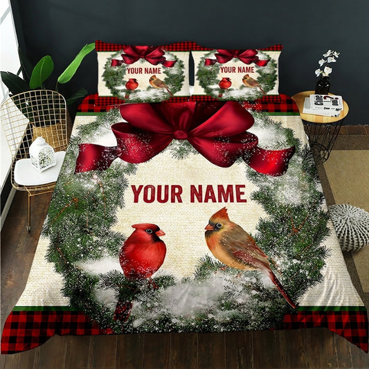 Personalised Christmas quilt cover set with custom text on festive Christmas artwork