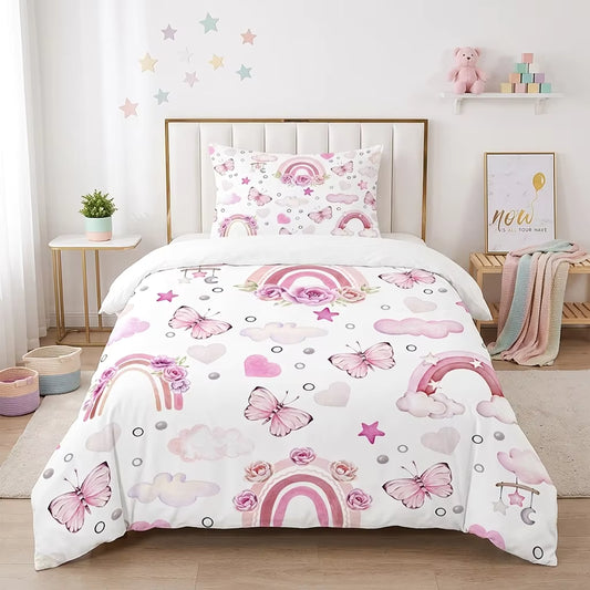 Pink floral butterfly rainbow quilt cover set