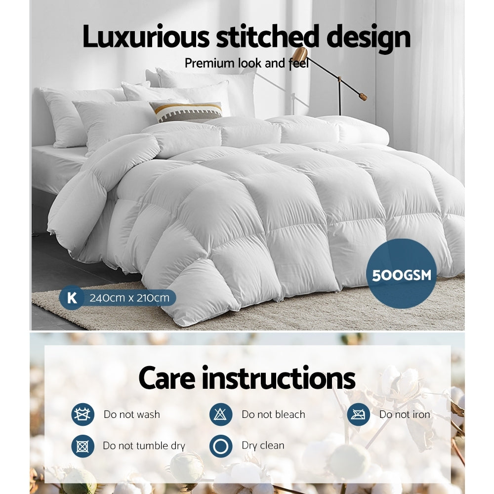 White 500GSM duck feather and down quilt in King size