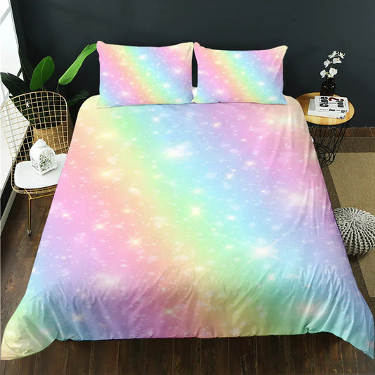 Rainbow galaxy quilt cover set with sparkling stars, soft pastel bedding for modern bedroom decor