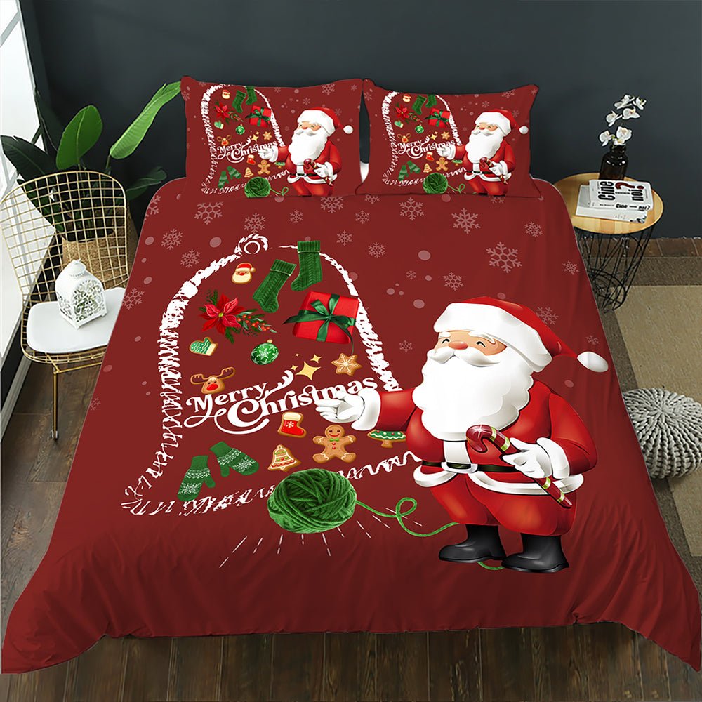 Red Christmas doona cover set with Santa and a Christmas bell filled with presents