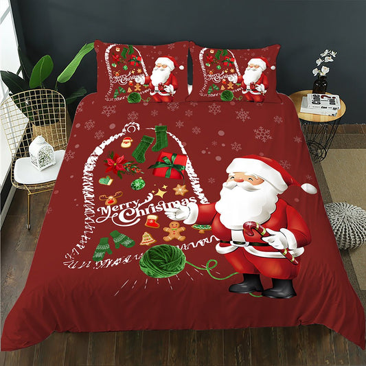 Red Christmas doona cover set with Santa and a Christmas bell filled with presents