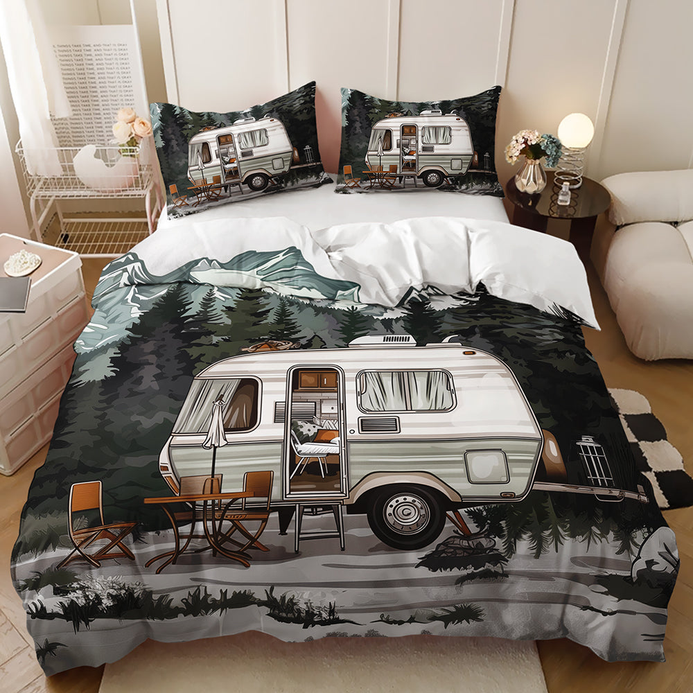 Bedding set with camper van design in a bedroom setting