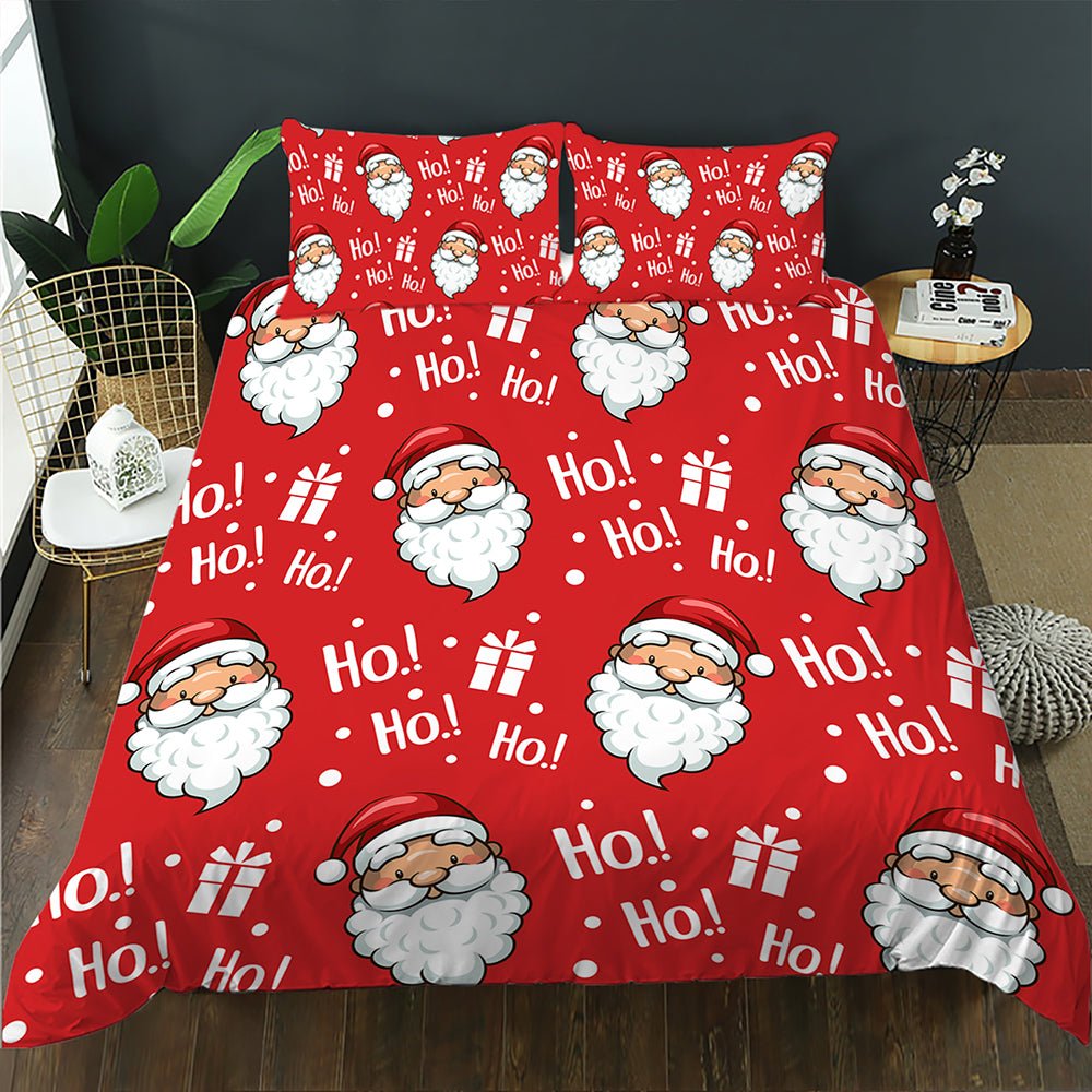 Red Santa Ho Ho Ho Christmas quilt cover set with Santa faces and gift boxes