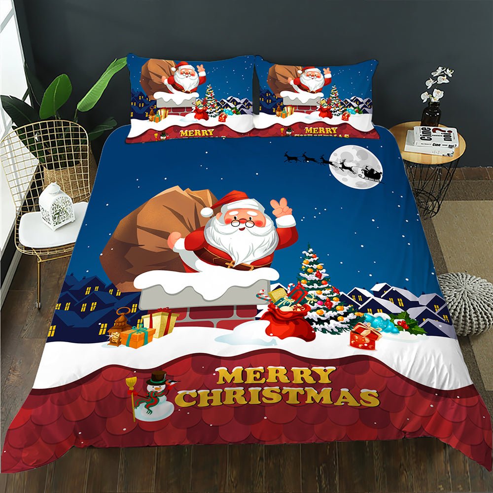 Midnight blue Xmas quilt cover set with Santa delivering presents down a chimney under a starry sky