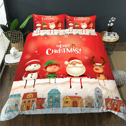 Kids Christmas quilt cover set with Santa, snowman, elf and reindeer in a red village scene
