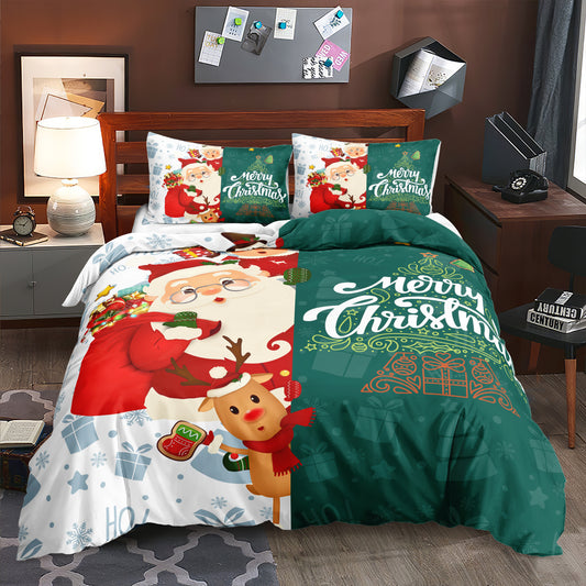 Split design Christmas quilt cover set with Santa and Rudolph on one side and a green Christmas tree on the other