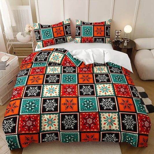 Colorful snowflake quilt cover set with festive patchwork design for cozy bedroom decor