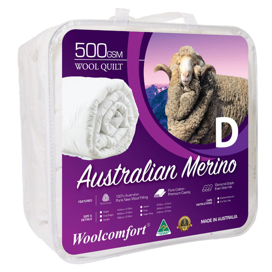 White 500GSM Merino wool quilt in Double size