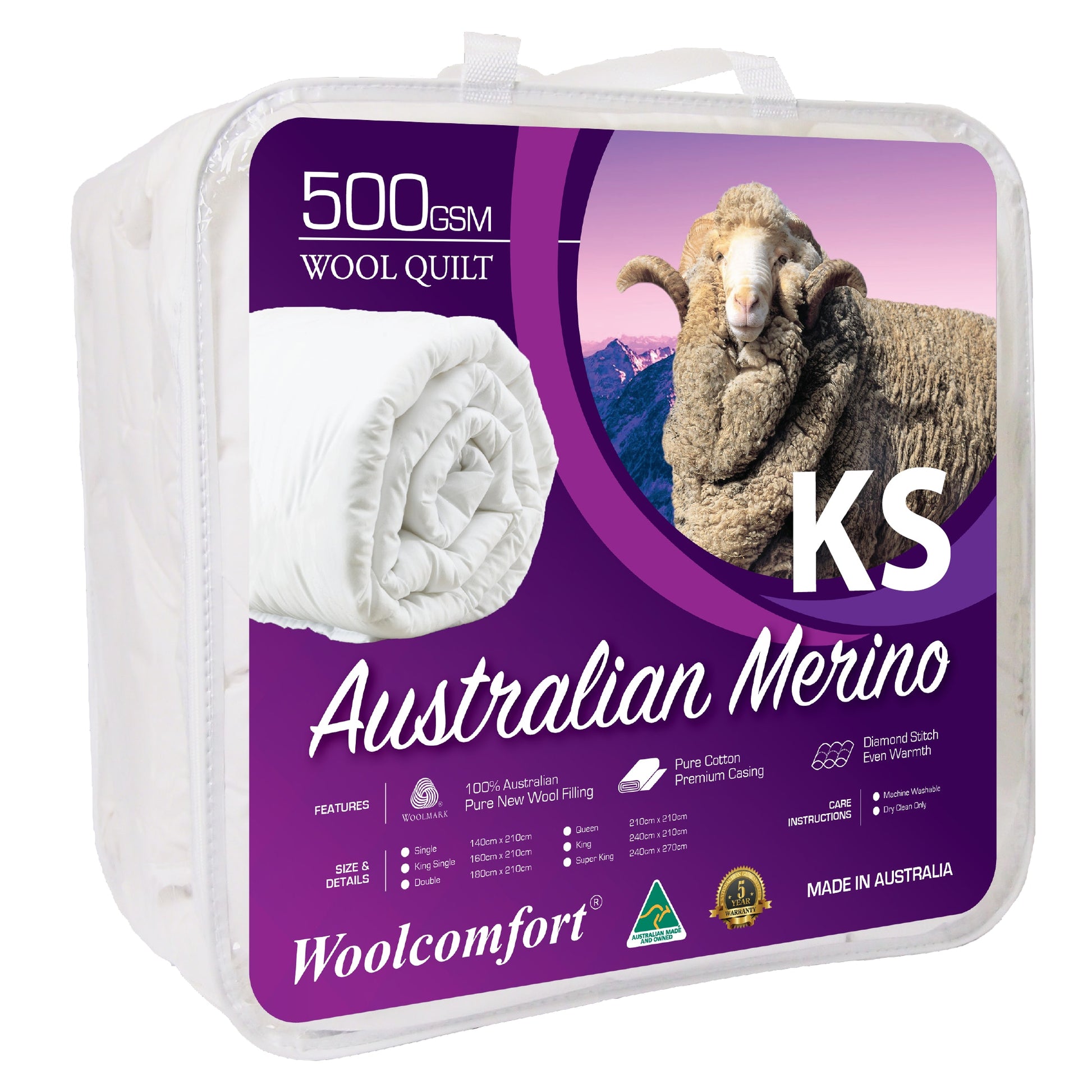 White 500GSM Merino wool King Single quilt