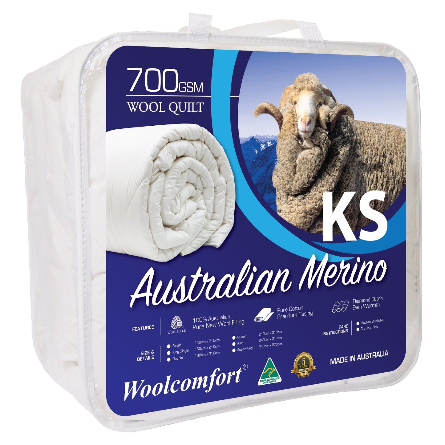 White 700GSM Merino wool King Single quilt