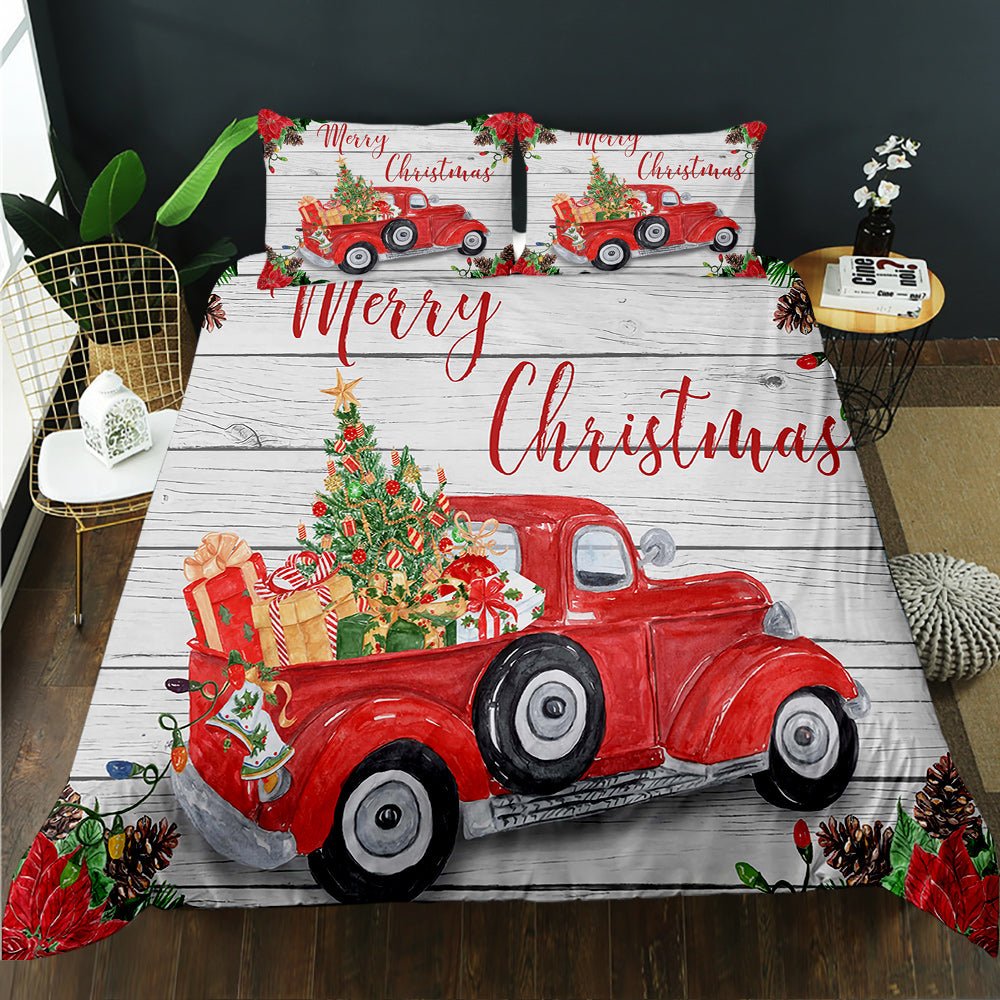 Vintage red truck Christmas quilt cover set with Christmas tree and gifts on whitewashed wood