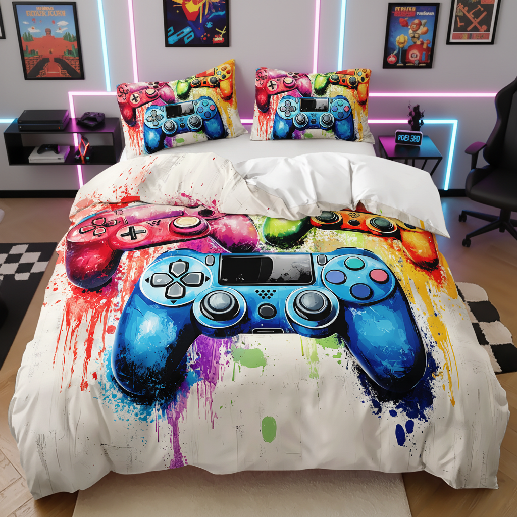 Watercolour multi-controller gaming quilt cover set