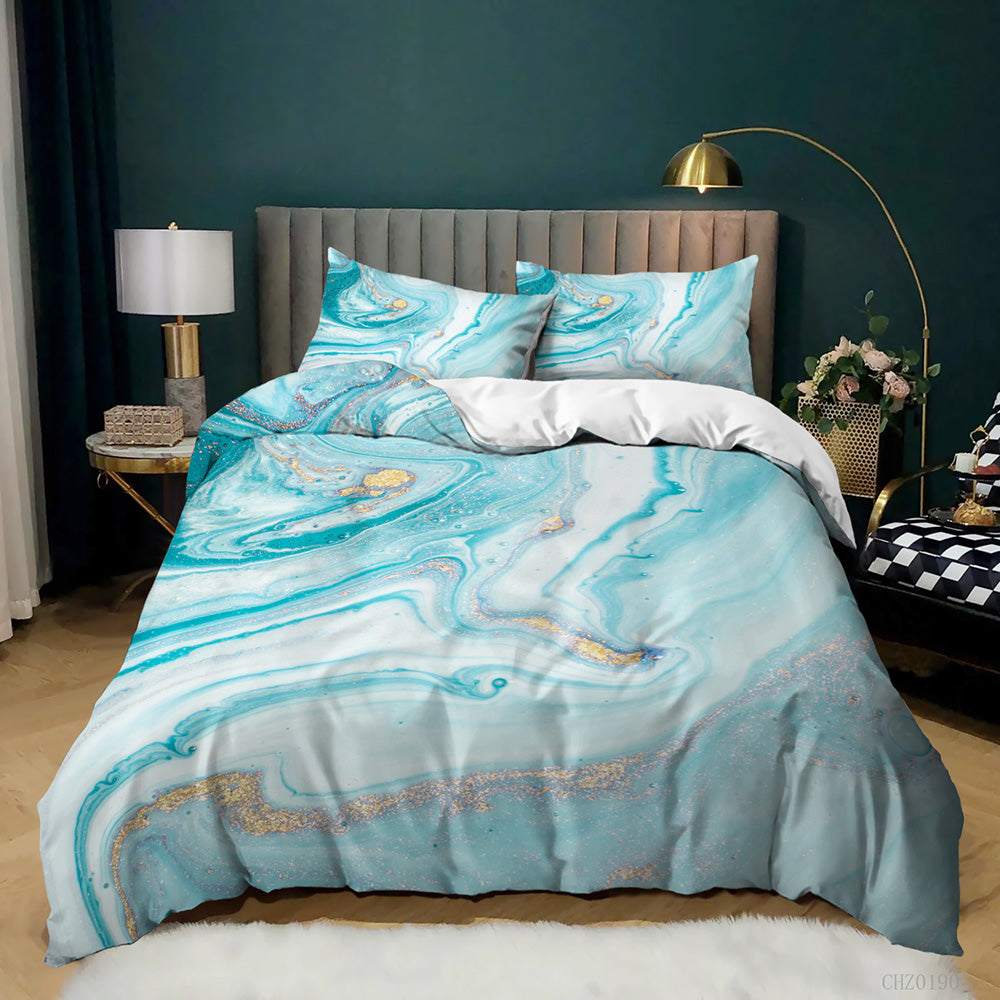 Aqua Gold Marble quilt cover set in Aqua