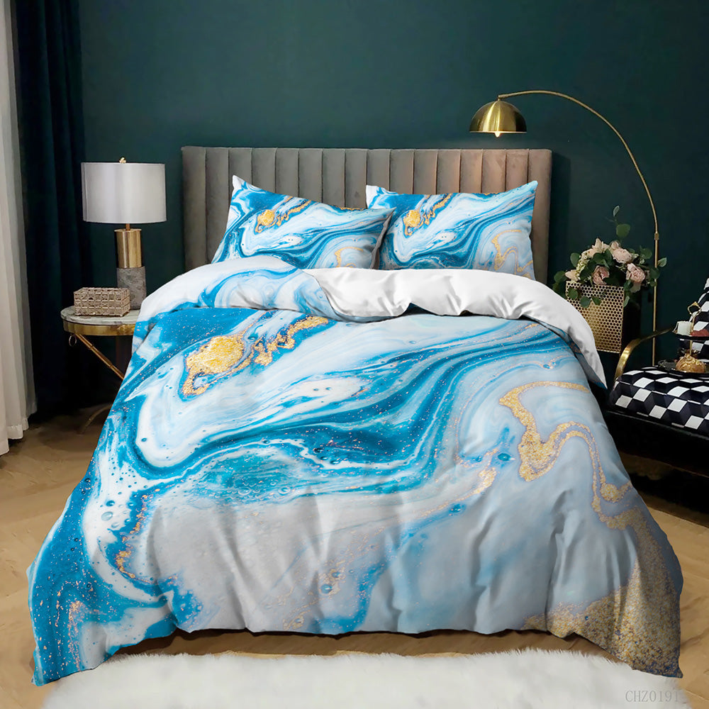 Aqua Gold Marble quilt cover set in Blue