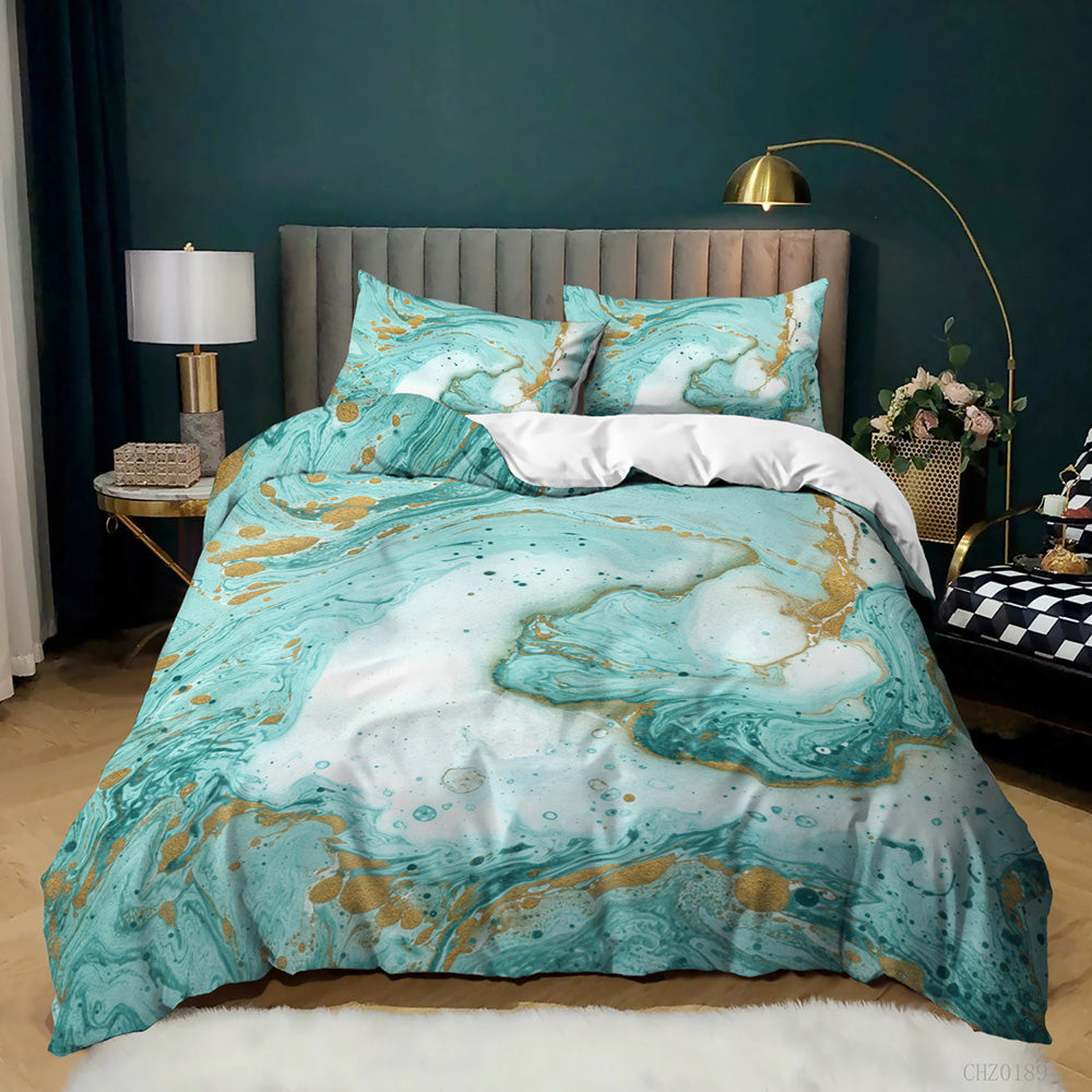 Aqua Gold Marble quilt cover set in Mint