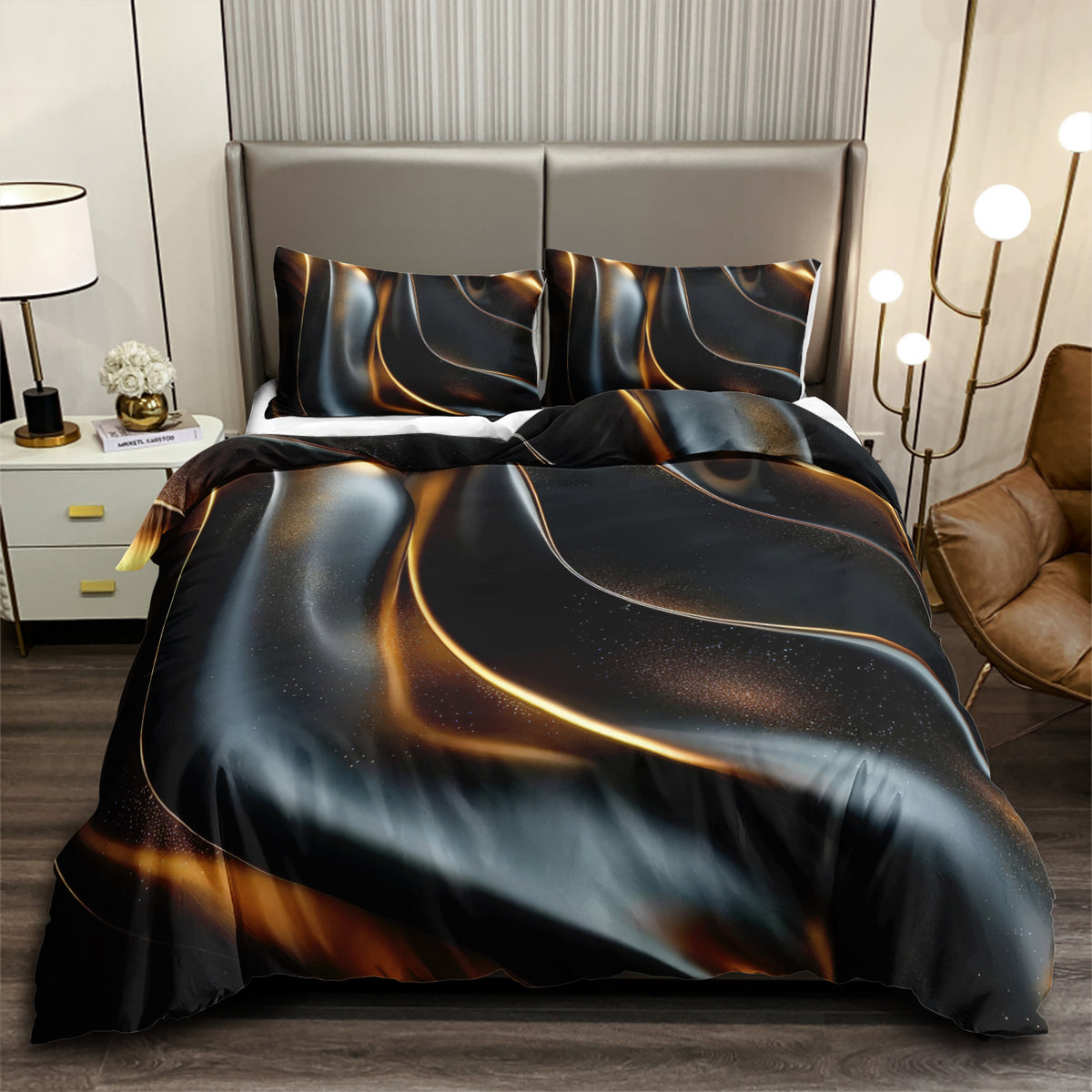 Black and Bronze Silk Wave Marble quilt cover set
