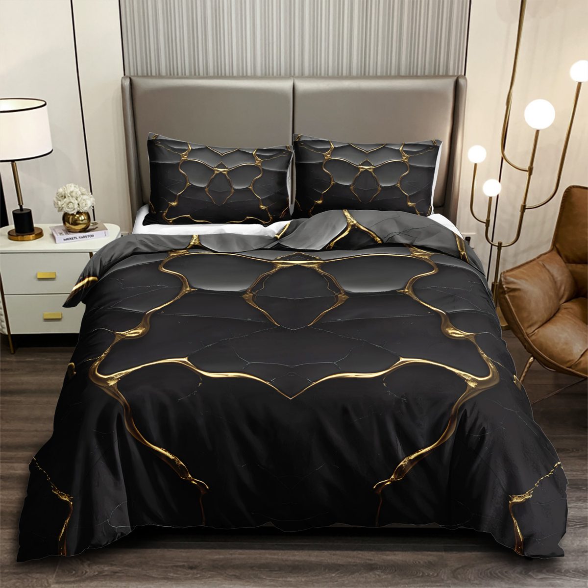 Black and Gold 3D Hexagon quilt cover set