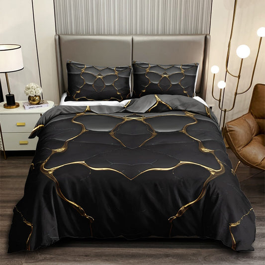 Black and Gold 3D Hexagon quilt cover set