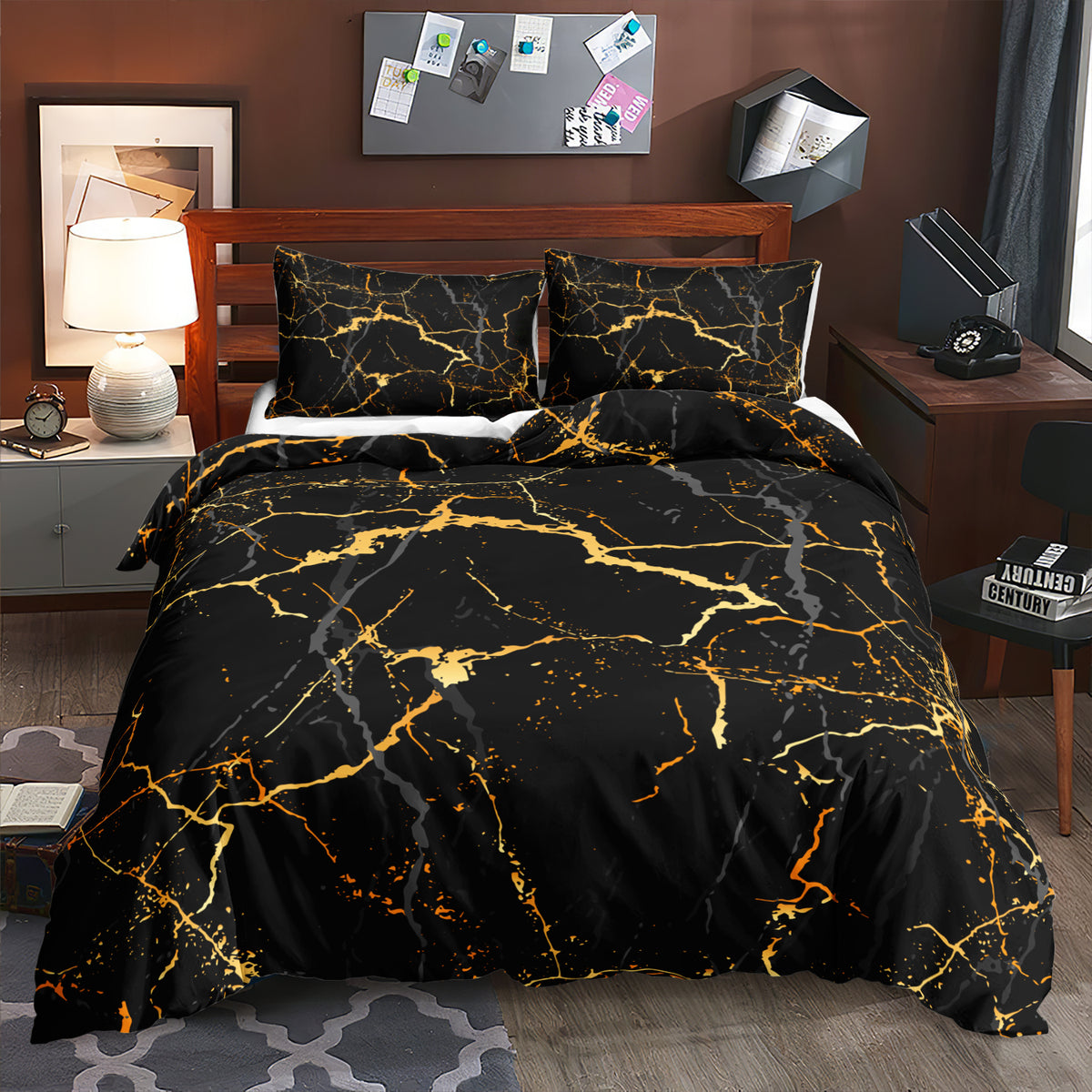 Black and Gold Crackle Marble quilt cover set