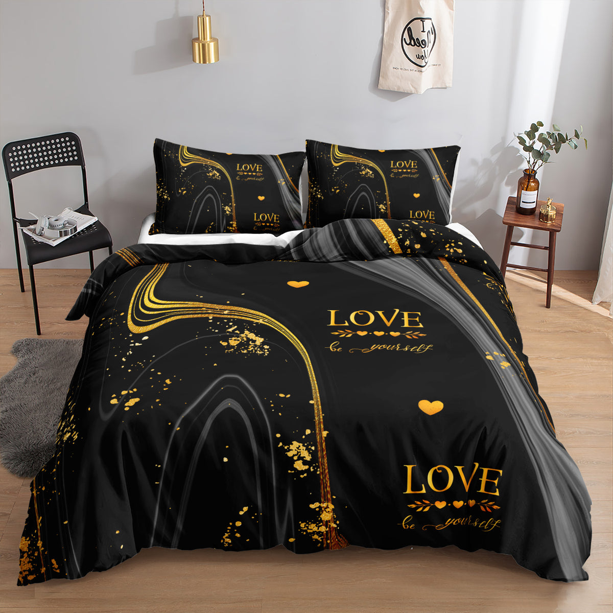 Black and Gold Love Marble quilt cover set