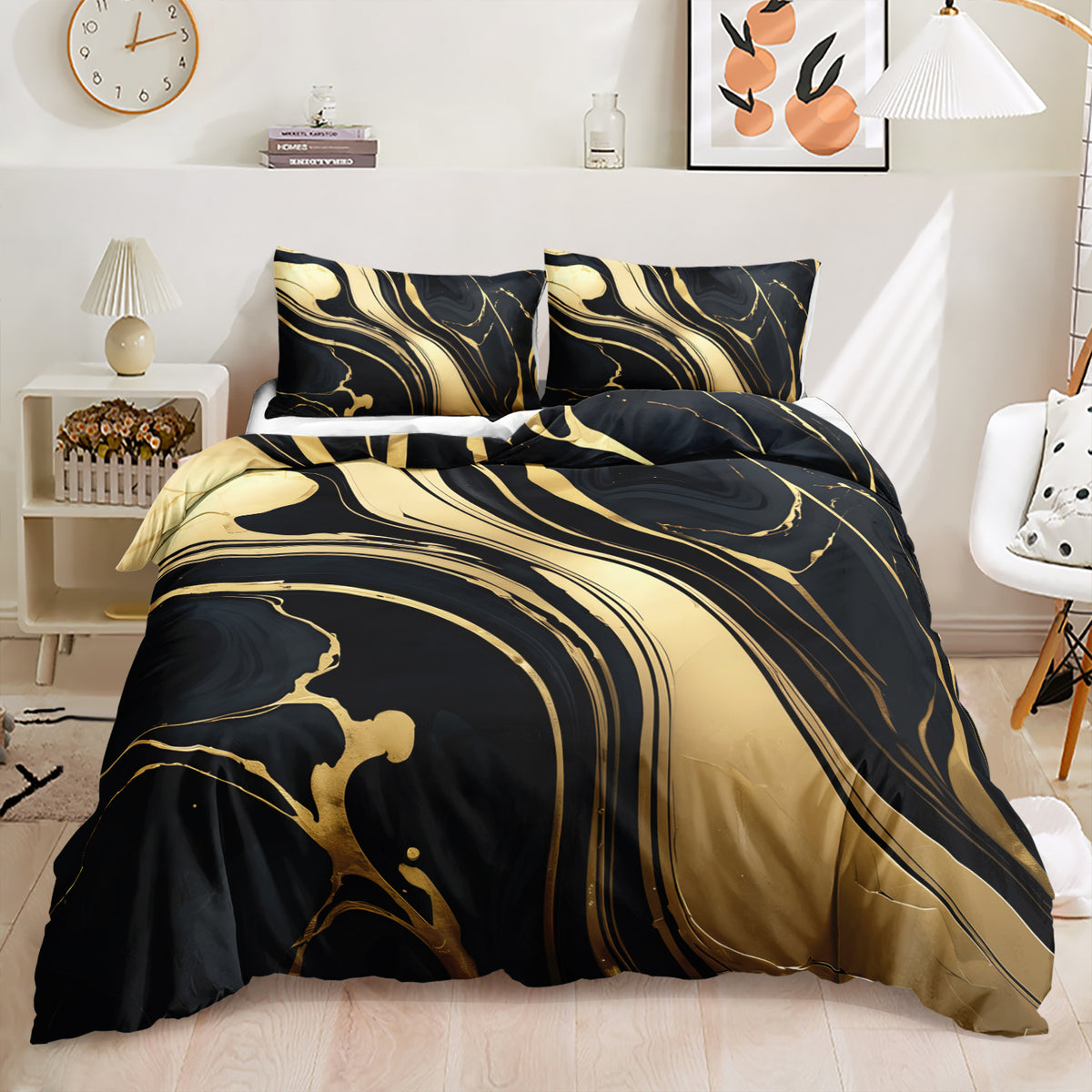 Black and Gold Swirl Marble quilt cover set
