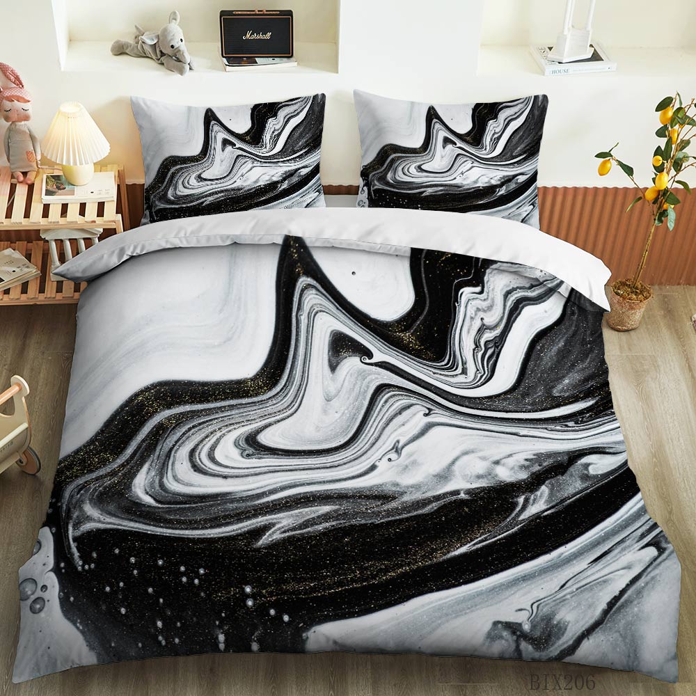 Black and White Glitter Swirl Marble quilt cover set