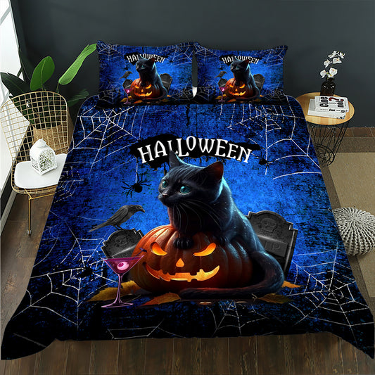 Black cat on a jack-o'-lantern with spiderwebs and gravestones on a blue Halloween quilt cover set