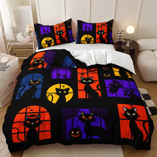 Black cats in colourful glowing windows on a black Halloween quilt cover set